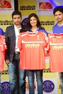 Shilpa Shetty and Rahul Dravid during the unveiling of the Rajasthan Royals Jersey at JW Marriott Hotel in Mumbai