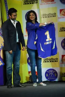 Shilpa Shetty and Rahul Dravid during the unveiling of the Rajasthan Royals Jersey at JW Marriott Hotel in Mumbai