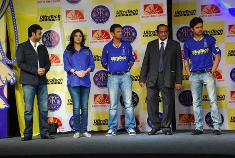 Shilpa Shetty and Rahul Dravid during the unveiling of the Rajasthan Royals Jersey at JW Marriott Hotel in Mumbai