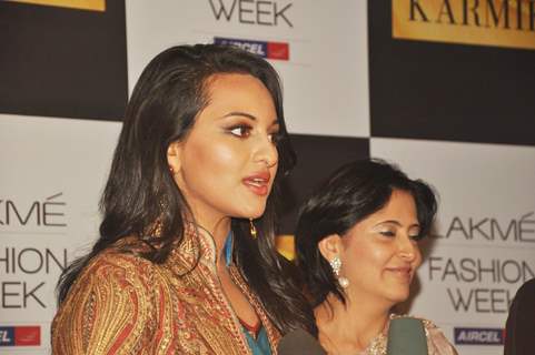 Sonakshi Sinha showstopper at the Karmik Show at LFW Summer/Resort 2012 at Hotel JW Marriott in Juhu, Mumbai