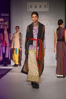 Model on the ramp for designer Garo on Lakme Fashion Week day 5 in Mumbai. .