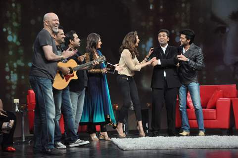 Shankar, Ehsaan, Loy, Deepika Padukone, Kajol, Karan Johar and Ritesh Deshmukh on the sets of NDTV show with Raveena at Yashraj, Mumbai. .