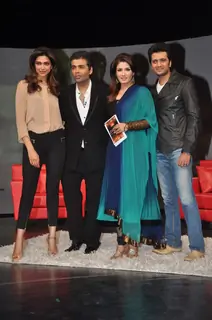 Deepika Padukone, Karan Johar and Ritesh Deshmukh on the sets of NDTV show with Raveena at Yashraj, Mumbai. .