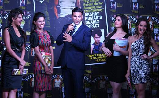 Akshay Kumar,Asin, Shazahn Padamsee, Zarine Khan and Jacqueline fernandez at the unveiling of cover page of latest issue of stardust magazine