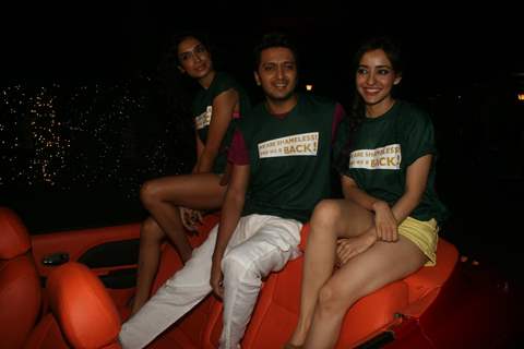 Ritesh Deshmukh, Sarah Jane Dias & Neha Sharma at the first look launch of film Kyaa Super Kool Hain Hum