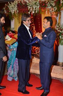 Amitabh Bachchan, Abhishek with Mahendra Verma at Bappa Lahiri and Taneesha Verma Wedding Reception