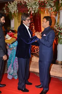 Amitabh Bachchan, Abhishek with Mahendra Verma at Bappa Lahiri and Taneesha Verma Wedding Reception