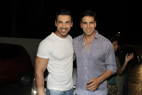 John Abraham and Akshay Kumar at Vicky Donor special screening hosted by John Abraham at PVR