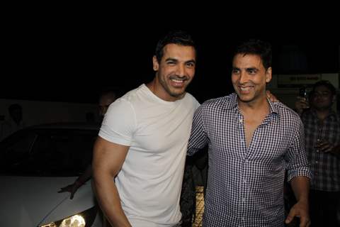 John Abraham and Akshay Kumar at Vicky Donor special screening hosted by John Abraham at PVR