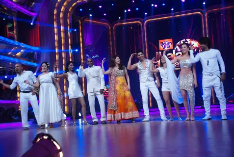 Bollywood actress Madhuri Dixit with contestants  at the launch of 'Jhalak Dikhhla Jaa' Season 5 at Filmistan Studios. .
