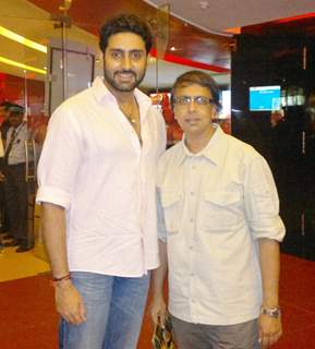 Bollywood actor Abhishek Bachchan congratulates director Ananth Mahadevan on his delightful film LIFE IS GOOD produced by Anand Shukla of Ektanand Pictures at Cinemax, Versova. .