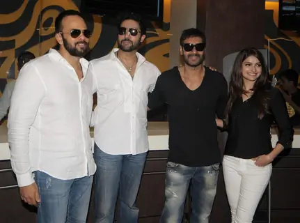 Rohit Shetty, Abhishek Bachchan, Ajay Devgan and Prachi Desai of Bol Bachchan selling ticket at Fame