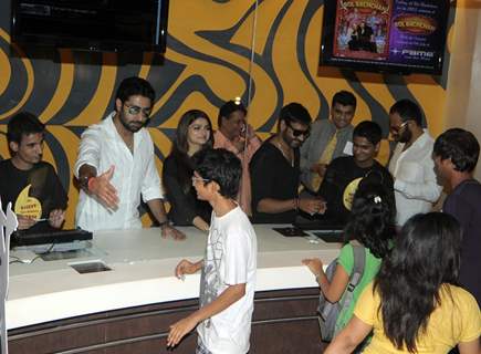 Rohit Shetty, Abhishek Bachchan, Ajay Devgan and Prachi Desai of Bol Bachchan selling ticket at Fame