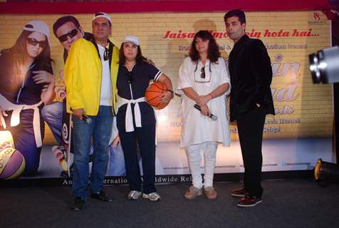 Producer-director Karan Johar with Bollywood actors Boman Irani with Farah Khan at Shirin Frahad Ki Toh Nikal Padi poster launch Gold Gym Mumbai, India. .