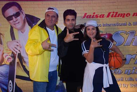 Producer-director Karan Johar with Bollywood actors Boman Irani with Farah Khan at Shirin Frahad Ki Toh Nikal Padi poster launch Gold Gym Mumbai, India. .