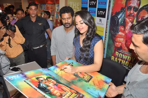Bollywood actors Akshay Kumar, Sonakshi Sinha and Prabhu Deva at  the Rowdy Rathore Dvd launch in Mumbai. .