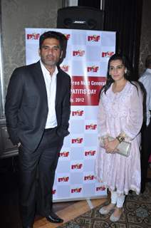 Bollywood actor Sunil Shetty with wife Mana Shetty attend a Press Conference on Hepatitis B in Mumbai