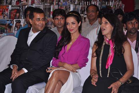 Bollywood actress Malaika Arora with writers Shobhaa De and Chetan Bhagat at Mercedez Benz magazine anniversary issue launch in Crossword Mumbai .