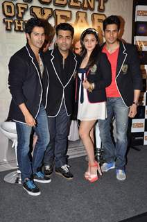 Director-producer Karan Johar with Bollywood actors Varun Dhawan, Alia Bhatt and Siddharth Malhotra at Student Of The Year First Look Trailer launch in PVR, Mumbai. .