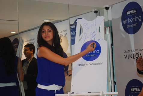 Bollywood actress Anushka Sharma during the press conference of NIVEA Whitening Deodorant at Vinegar. .