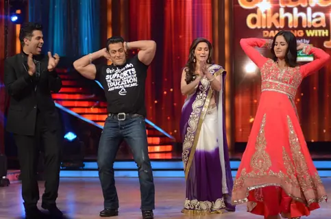 Karan Johar, Salman Khan, Madhuri Dixit and Katrina Kaif on the sets of Jhalak Dikhhla Jaa