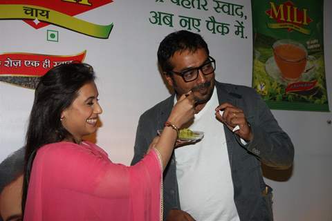 Bollywood actress Rani Mukherji with Director Anurag Kashyap promoting Aiyyaa with Chaha Poha (Tea and Maharashtrian Snack Poha) at Wagh Bakri Tea Lounge in Mumbai.