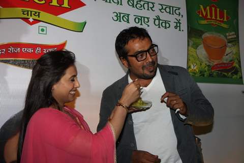 Bollywood actress Rani Mukherji with Director Anurag Kashyap promoting Aiyyaa with Chaha Poha (Tea and Maharashtrian Snack Poha) at Wagh Bakri Tea Lounge in Mumbai