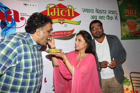 Bollywood actress Rani Mukherji with Director Anurag Kashyap promoting Aiyyaa with Chaha Poha (Tea and Maharashtrian Snack Poha) at Wagh Bakri Tea Lounge in Mumbai