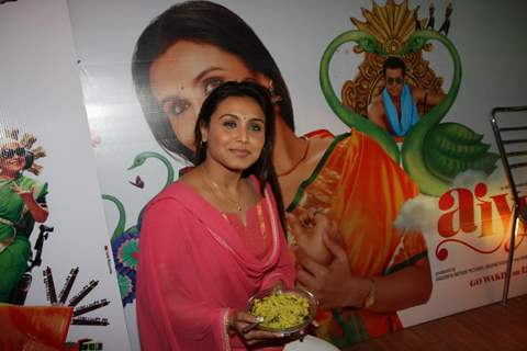 Bollywood actress Rani Mukherji with Director Anurag Kashyap promoting Aiyyaa with Chaha Poha (Tea and Maharashtrian Snack Poha) at Wagh Bakri Tea Lounge in Mumbai