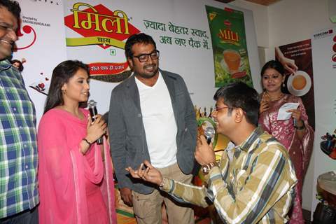 Bollywood actress Rani Mukherji with Director Anurag Kashyap promoting Aiyyaa with Chaha Poha (Tea and Maharashtrian Snack Poha) at Wagh Bakri Tea Lounge in Mumbai