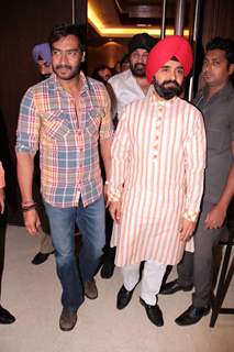 Bollywood actor Ajay Devgan and Congress leader Charan Singh Sapra at Son Of Sardaar press meet to resolve issues with Sikh Community leaders at Hotel Novotel in Juhu, Mumbai.