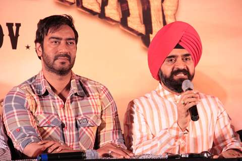 Bollywood actor Ajay Devgan and Congress leader Charan Singh Sapra at Son Of Sardaar press meet to resolve issues with Sikh Community leaders at Hotel Novotel in Juhu, Mumbai.