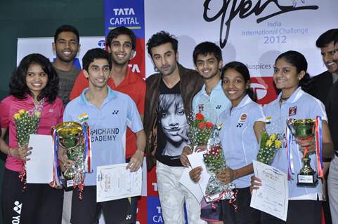 Bollywood actor Ranbir Kapoor at the finale of Tata Open India International Challenge 2012 organized by Badminton Association of India (BAI) in CCI, Mumbai.