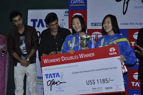 Bollywood actor Ranbir Kapoor with Former Indian Badminton player Prakash Padukone at the finale of Tata Open India International Challenge 2012 organized by Badminton Association of India (BAI) in CCI, Mumbai.