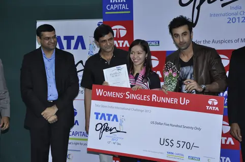 Bollywood actor Ranbir Kapoor with Former Indian Badminton player Prakash Padukone at the finale of Tata Open India International Challenge 2012 organized by Badminton Association of India (BAI) in CCI, Mumbai.