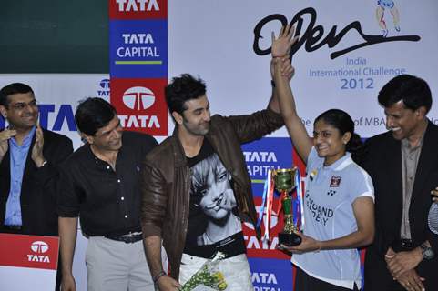 Bollywood actor Ranbir Kapoor with Former Indian Badminton player Prakash Padukone at the finale of Tata Open India International Challenge 2012 organized by Badminton Association of India (BAI) in CCI, Mumbai.