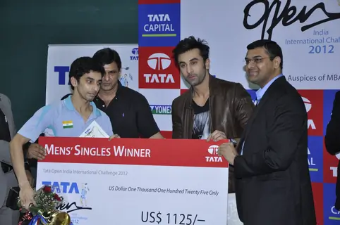 Bollywood actor Ranbir Kapoor with Former Indian Badminton player Prakash Padukone at the finale of Tata Open India International Challenge 2012 organized by Badminton Association of India (BAI) in CCI, Mumbai.