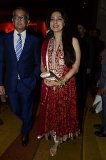 Bollywood actress Juhi Chawla at Durga Jasraj's daughter Avani's wedding reception with Puneet in Mumbai.