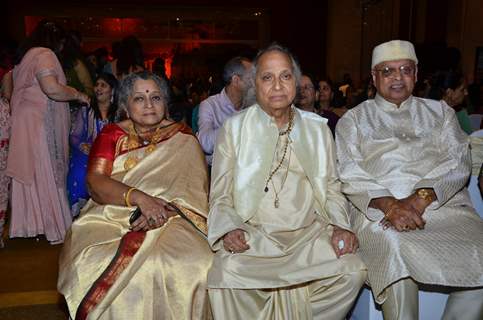 Indian classical singer Pandit Jasraj at Durga Jasraj's daughter Avani's wedding reception with Puneet in Mumbai.