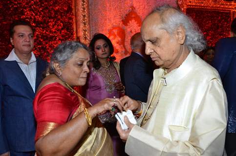 Indian classical singer Pandit Jasraj at Durga Jasraj's daughter Avani's wedding reception with Puneet in Mumbai.