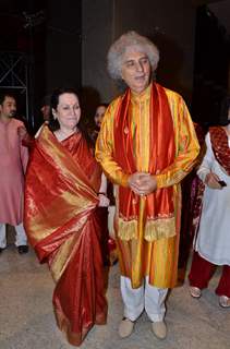 Indian Santoor player Shivkumar Sharma at Durga Jasraj's daughter Avani's wedding reception with Puneet in Mumbai.