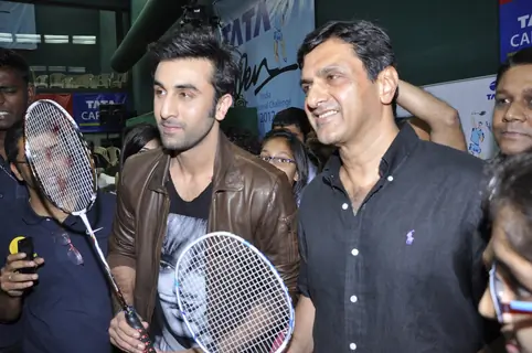 Bollywood actor Ranbir Kapoor with Former Indian Badminton player Prakash Padukone at the finale of Tata Open India International Challenge 2012 organized by Badminton Association of India (BAI) in CCI, Mumbai.
