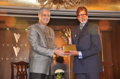 Chief Operating Officer Diageo plc Ivan Menezes honours bollywood actor Amitabh Bachchan as the 'John Walker & Sons Game Changer of the Century' at Hotel Taj Mahal Palace in Colaba, Mumbai.