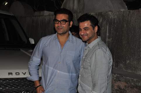 Bollywood actors Arbaaz Khan and Sanjay Kapoor at film Dabangg 2 special screening at Ketnav Preview Theater in Mumbai on Monday.