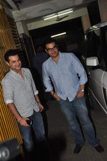 Bollywood actors Arbaaz Khan and Sanjay Kapoor at film Dabangg 2 special screening at Ketnav Preview Theater in Mumbai on Monday.