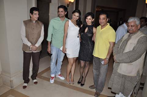 (L to R) Bollywood actors Jeetendra, Jaideep Ahlawat, Andrea Jeremiah, Pooja Kumar and Kamal Haasan at the film Vishwaroop press meet at Hotel JW Marriott in Juhu, Mumbai.