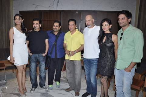 (L to R) Bollywood celebrities Andrea Jeremiah, Ehsaan Noorani, Shankar Mahadevan, Kamal Haasan, Loy Mendonsa, Pooja Kumar and Jaideep Ahlawat at the film Vishwaroop press meet at Hotel JW Marriott in Juhu, Mumbai.