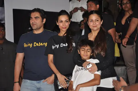 Bollywood actress Malaika Arora Khan with his husband Arbaaz Khan, son Arhaan Khan and sister Amrita Arora Ladak at the press conference for his Being Human clothing line and flagship store launch in Hotel Sofitel, Bandra Kurla Complex, Mumbai.