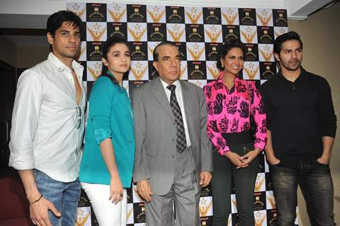 Bollywood actors Siddharth Malhotra, Alia Bhatt, Esha Gupta and Varun Dhawan at the announcement of Stardust Awards 2013 press Conference in Magna Lounge, Mumbai.