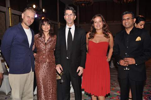 (L to R) Adrian Filly, Smira Bakshi, Jade Jagger, Pierre Vyes, Arzel Aseem Kaushik at the Jade Jagger's latest collaboration with Kerastase to design the bottle for Kerastase's Elixir Ultime a unique luxury brand in Mumbai on Wednesday, January ...